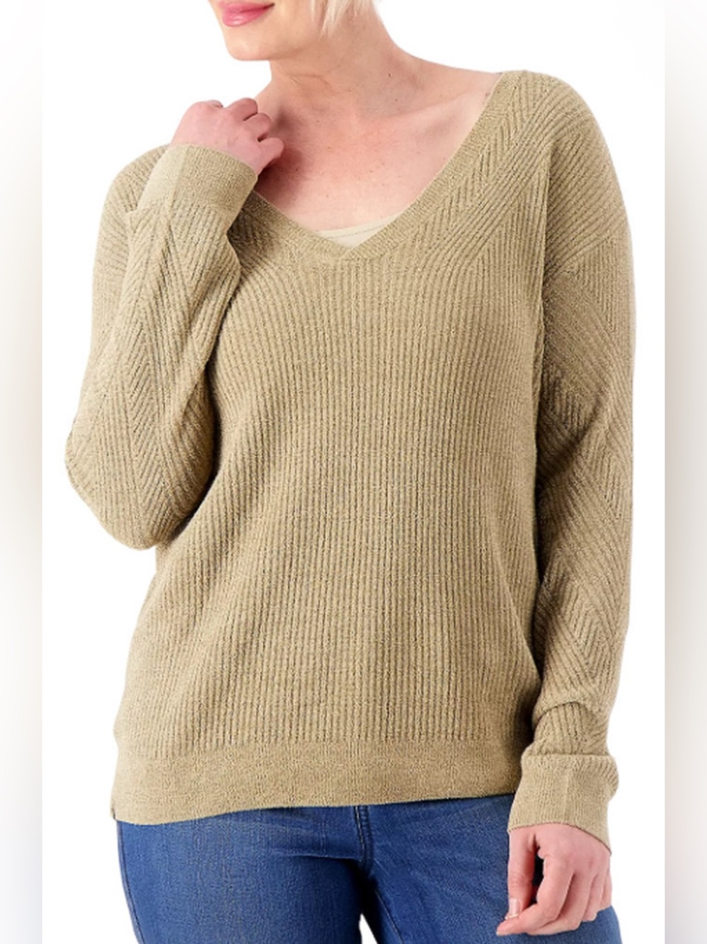 NWOT - Barefoot Dreams Cozychic V-Neck Pointelle Rib Pullover in Kelp - Size S
